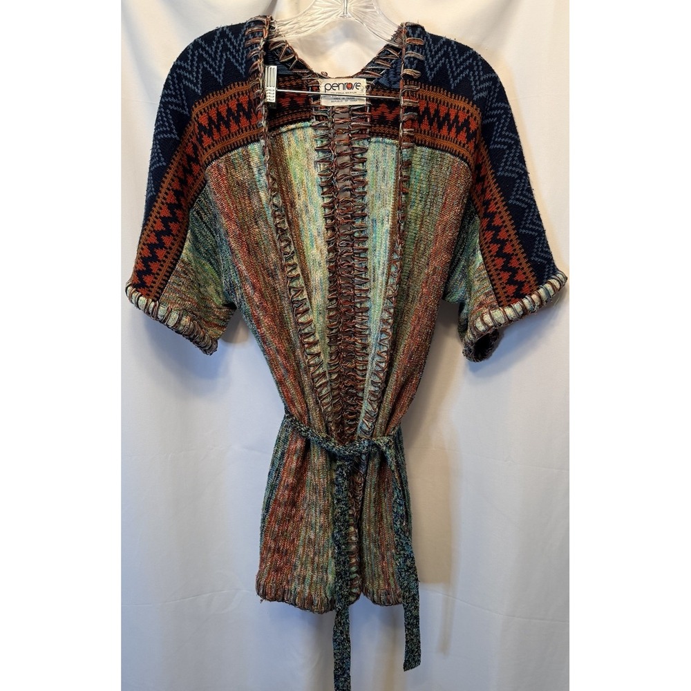Vintage Penrose Acrylic Blend Belted Sweater Cardigan Short Sleeve Hippy Boho